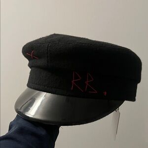 Black Wool Sailor Cap with Red Stitch Detailing